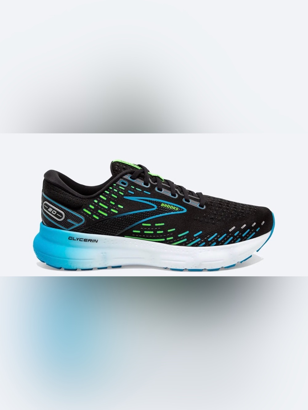 Brooks Glycerin Men’s Running Shoe - Black with Blue & Green size 8 medium width